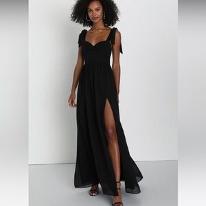 Radiant Charisma Black Chiffon Ruched Tie-Strap Maxi Dress